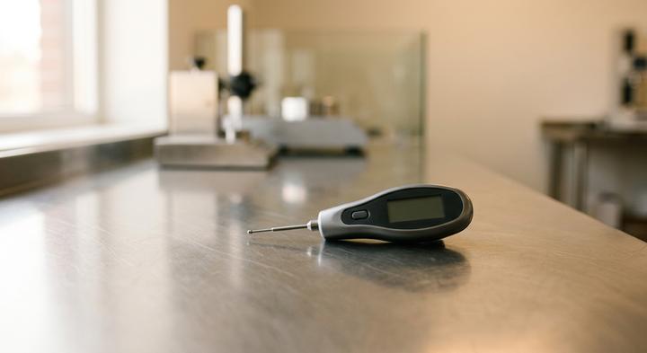 Minimalist precision measurement instrument on a clean industrial workspace
