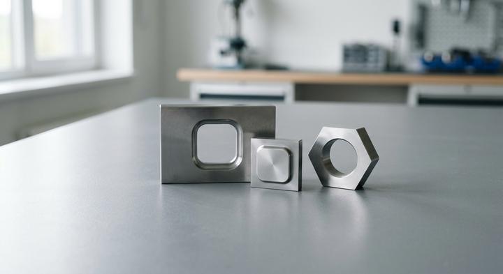 Minimalist modular steel tool inserts on a clean workspace representing low-volume stamping