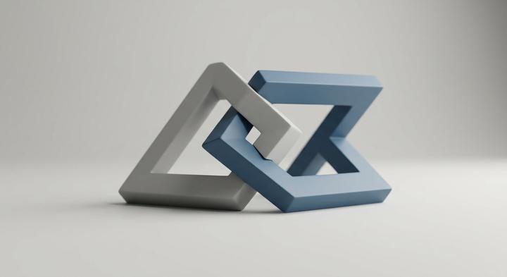 Minimalist 3D render of interlocking geometric blocks showing perfect alignment and precision fit.