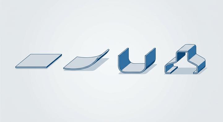 Stylized vector graphic representing progressive forming steps on a metal strip layout.