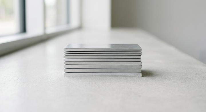 Minimalist stack of precision-cut sheet metal plates demonstrating different gauge thicknesses.