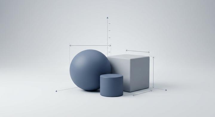 Abstract 3D geometric shapes with subtle vector measurement lines representing dimensional testing and CMM metrics.