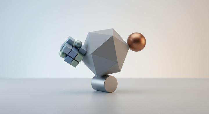 Abstract 3D balancing shapes representing cost-efficiency and volume optimization in manufacturing