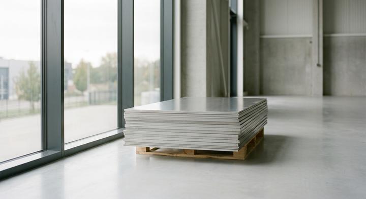 Minimalist stack of raw metal sheets in a sunlit industrial environment