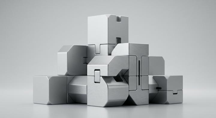 Abstract geometric modular blocks representing precision engineering tooling