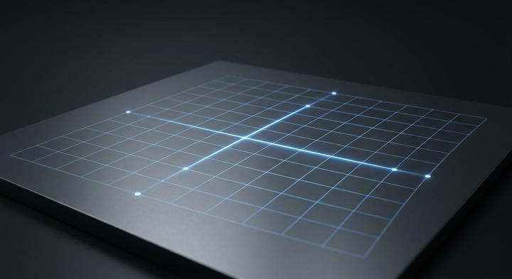 Abstract coordinate grid on a metallic surface representing precise datum point alignment in manufacturing.