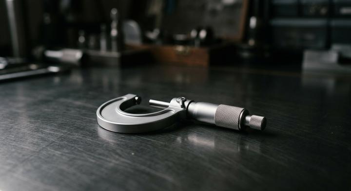 Precision industrial measuring caliper resting on a clean, dark brushed steel background.