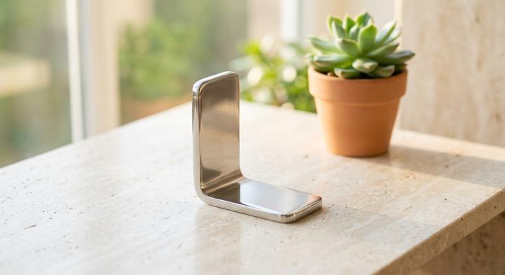Pristine finished metal bracket on a clean stone surface signifying final product quality
