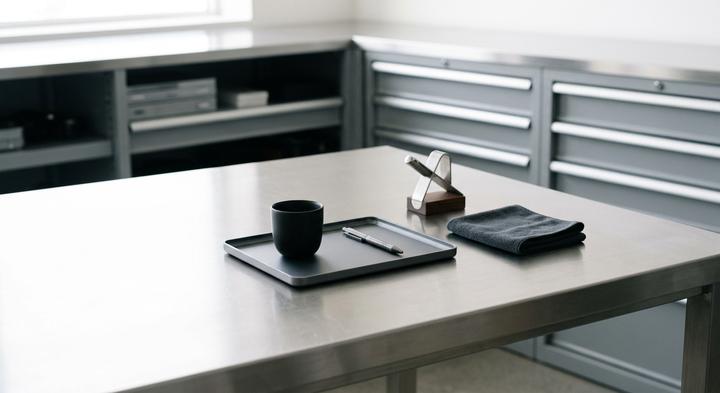 Pristine and organized modern industrial workspace with bright clean lighting.