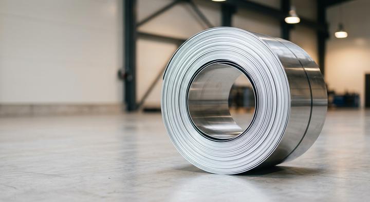 Clean close-up of a raw metal steel coil roll in a modern precision manufacturing plant