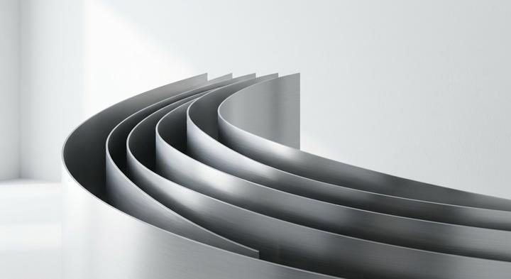 Abstract 3D render of perfectly aligned steel sheets representing factory toolroom precision