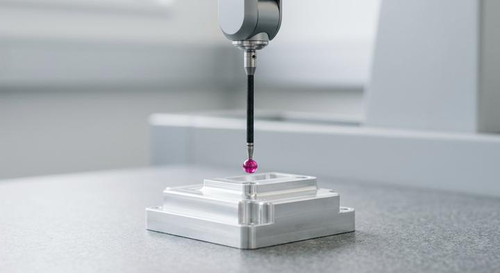 A minimalist QA coordinate measuring machine probe inspecting a stamped metal part