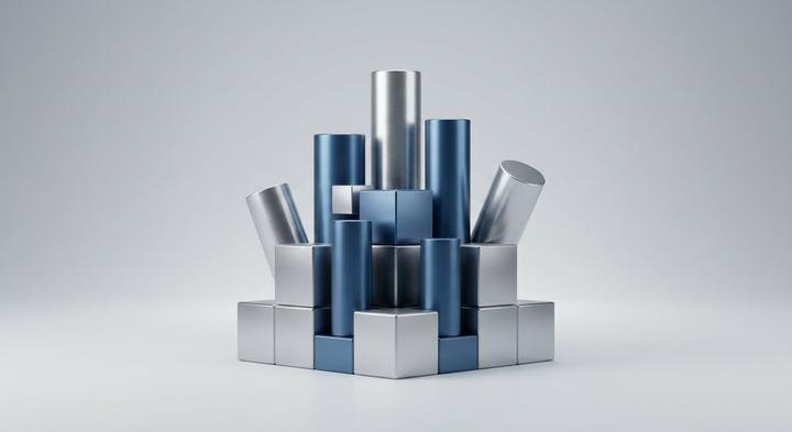 Abstract 3D metallic elements in a balanced arrangement symbolizing structured tooling ownership models