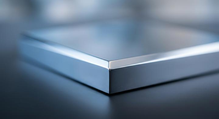 Macro view of high-precision polished steel block with beveled edge