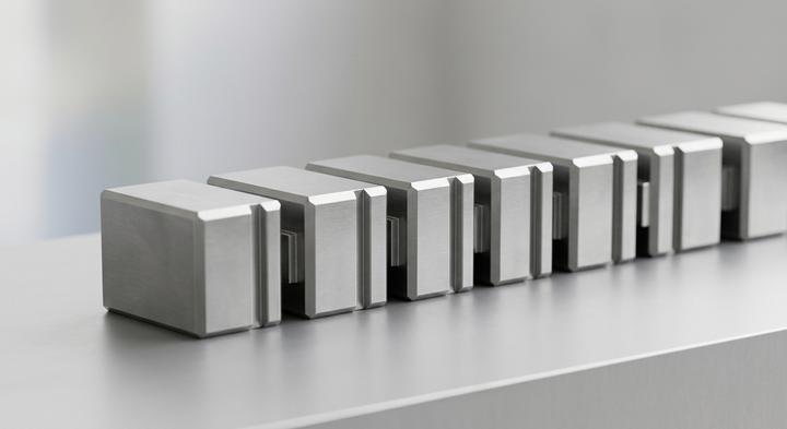 Abstract 3D rendering of aligned satin steel blocks representing precision tool engineering