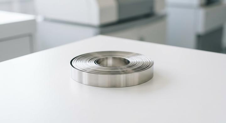 Clean and polished metal strip-coil on a bright, minimalist surface