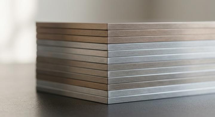 Clean aligned brushed metal sheets representing high-precision metal stamping