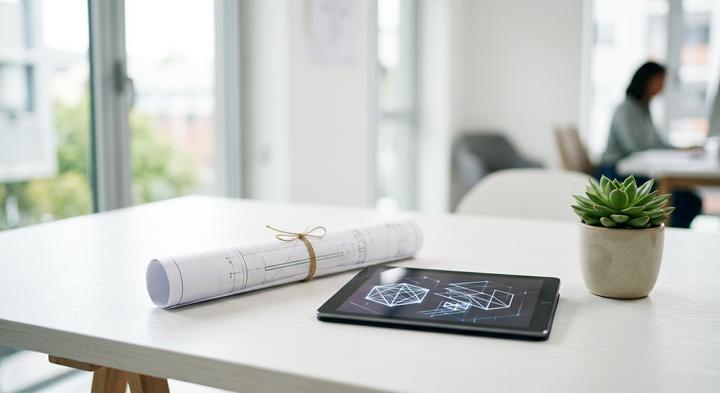 Bright, modern engineering desk with an abstract wireframe design on a tablet, symbolizing smart workflow planning.