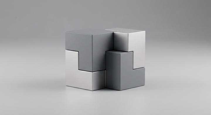 Abstract 3D rendering of precisely aligned geometric blocks with soft lighting.