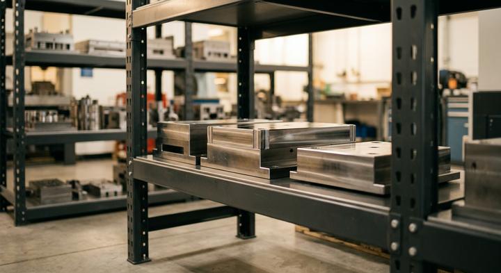 Organized heavy metal tooling blocks on clean industrial storage shelves inside a modern factory toolroom.
