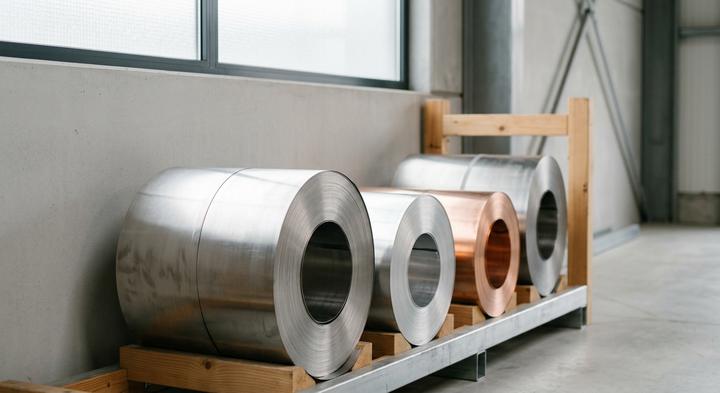 Modern clean industrial warehouse with organized metal sheets and soft lighting