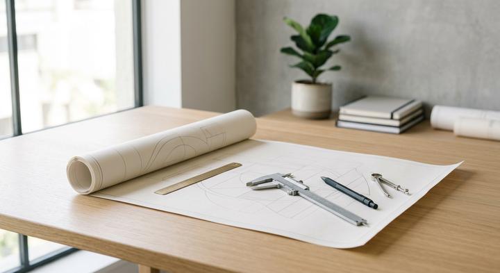 Clean industrial engineering workspace with blueprints and precision tools